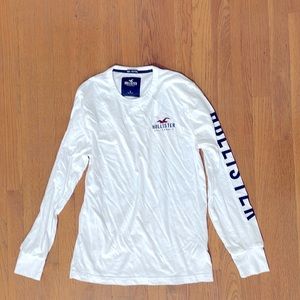 Hollister classic white LS Tee Red and blue logo left front & logo left sleeve.